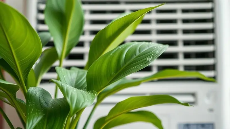 Planta verde e viçosa em frente a um climatizador de ar, representando o ar úmido e de qualidade que o aparelho proporciona.
