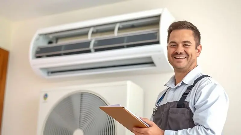 Técnico de ar-condicionado profissional e amigável ao lado de uma unidade split, indicando o momento certo de chamar ajuda especializada.