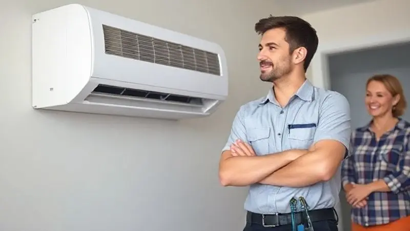 Ilustração de quando é necessário chamar um técnico para consertar o ar condicionado, mostrando um profissional com ferramentas ao lado do aparelho.