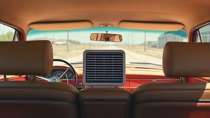 Interior de um carro clássico em dia de sol com um ar-condicionado portátil no painel, ilustrando seu uso em veículos sem ar de fábrica.