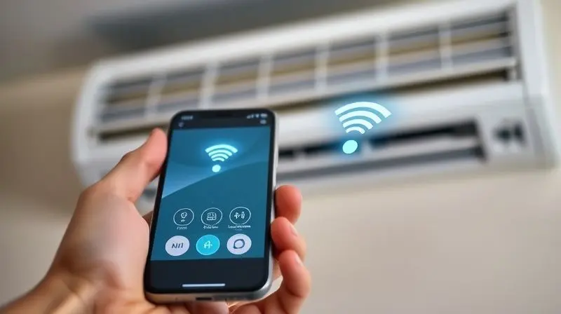 Pessoa utilizando um smartphone para controlar um ar-condicionado, com ícones de Wi-Fi e moléculas de ar puro para ilustrar conectividade e purificação.