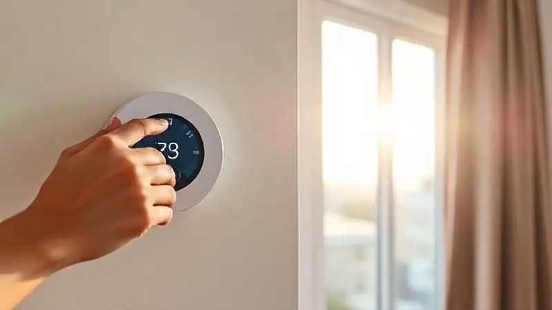Mão de uma pessoa ajustando um termostato inteligente na parede para uma temperatura econômica, como forma de reduzir o consumo na conta de luz.