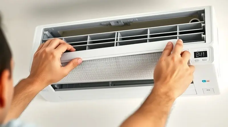 Passo a passo de como limpar o ar condicionado, mostrando mãos de uma pessoa abrindo o painel frontal da unidade interna para retirar o filtro com cuidado.