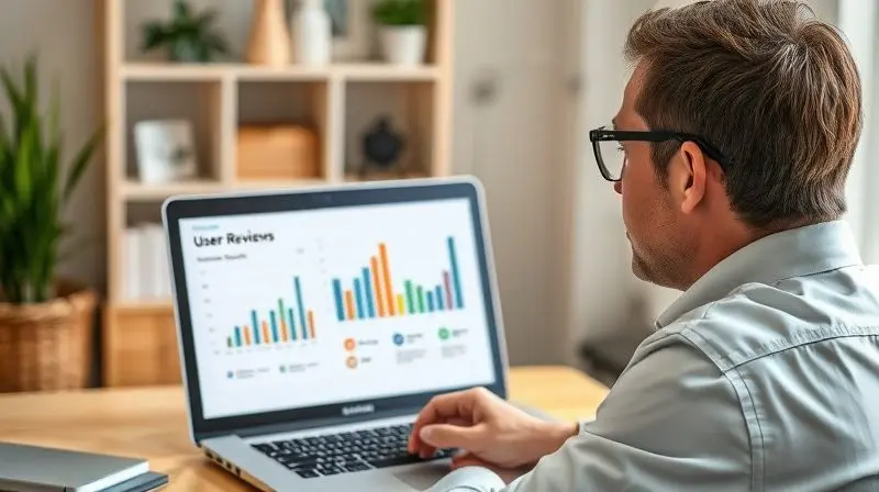 Consumidor pesquisando a reputação da marca de ar-condicionado TCL em um notebook, com gráficos e avaliações de clientes na tela.