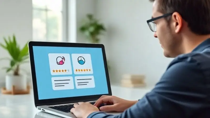 Pessoa analisando a reputação da marca Fontaine em um notebook, com ícones de reviews positivos e negativos na tela, representando a pesquisa no Reclame Aqui.