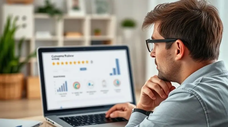 Consumidor analisando a reputação da marca Prime Air em um site de avaliações online para verificar a confiabilidade do ar-condicionado.