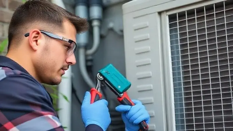 Profissional qualificado com equipamento de segurança realizando a manutenção e recarga de gás de um ar-condicionado, destacando a importância do serviço especializado.