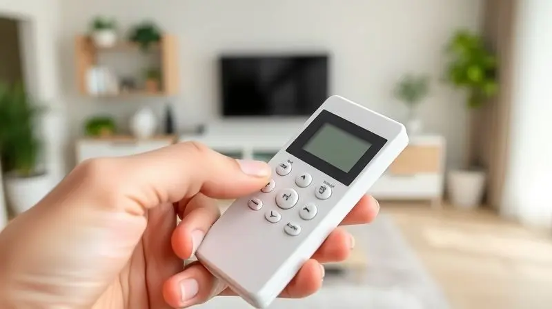 Mão de uma pessoa segurando um controle remoto de ar condicionado e apontando para os símbolos, explicando o significado de cada função.
