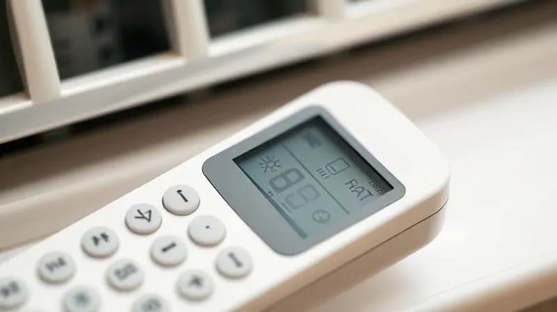 Close-up de uma mão segurando um controle remoto de ar-condicionado, com foco nos símbolos mais comuns como sol, floco de neve e ventilador.