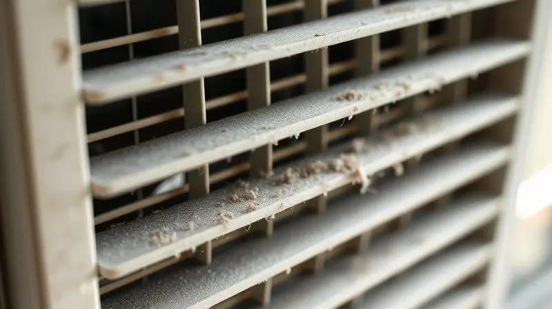 Close-up de um ar-condicionado de janela com as aletas visivelmente sujas e empoeiradas, mostrando a necessidade de limpeza e higienização.
