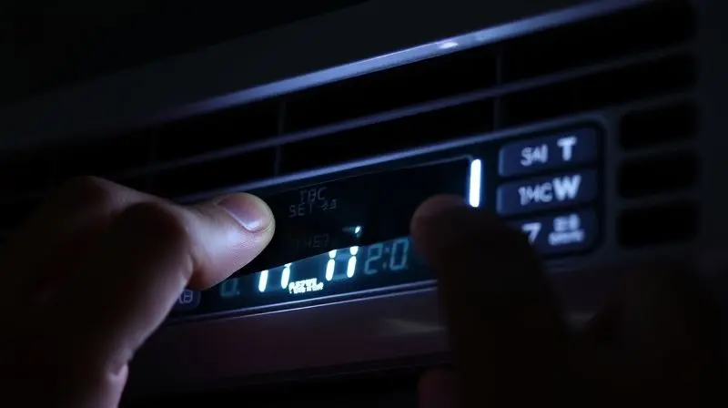 Close-up de uma pessoa colocando uma fita adesiva preta sobre a luz do ar-condicionado, uma solução alternativa se o controle não tiver essa função.