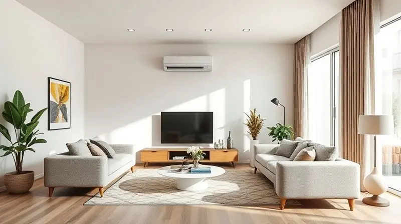 Ampla sala de estar com decoração moderna, representando o tamanho de ambiente ideal para um ar-condicionado de 18.000 BTUs.