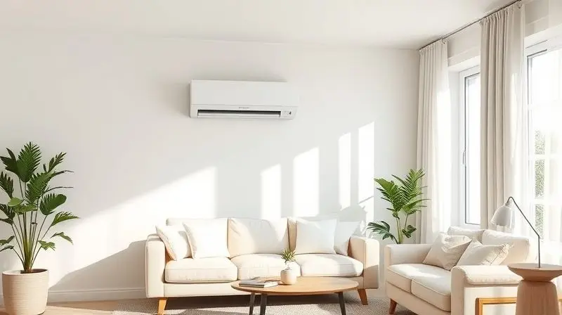 Sala de estar moderna com cerca de 20 metros quadrados sendo climatizada por um ar-condicionado de 12.000 BTUs, mostrando o tamanho ideal de ambiente.