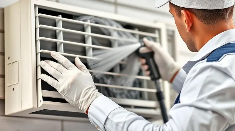 Técnico profissional uniformizado realizando a limpeza profunda de um ar-condicionado de janela com ferramentas especializadas para o serviço.