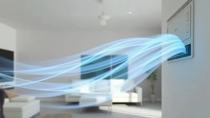 Representação conceitual da tecnologia de fluxo de ar avançado de um ar-condicionado Daikin, com feixes de luz azul simbolizando o ar frio e puro.