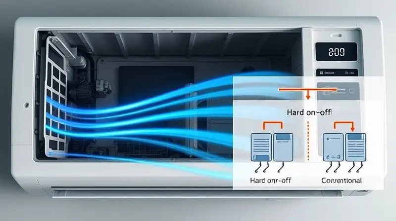 Gráfico conceitual exibindo o funcionamento da tecnologia inverter, que ajusta o fluxo de energia para maior economia em um ar-condicionado.
