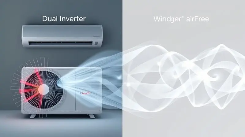 Comparativo visual entre duas tecnologias de ar-condicionado, uma com fluxo de ar direto e outra com fluxo suave e difuso, representando LG e Samsung.