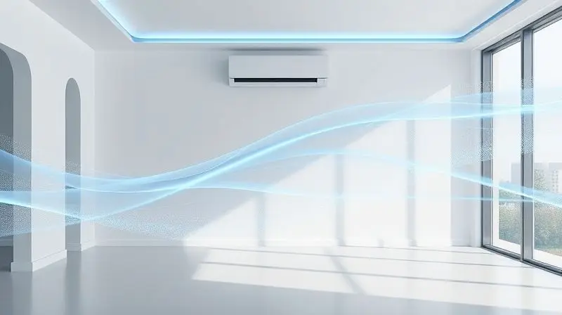 Representação conceitual da tecnologia de um ar-condicionado, mostrando um fluxo de ar puro e frio em um ambiente moderno e minimalista.