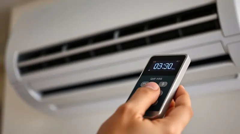 Mão segurando um controle remoto moderno, ajustando as funções tecnológicas de um ar-condicionado, como Wi-Fi e modo eco.