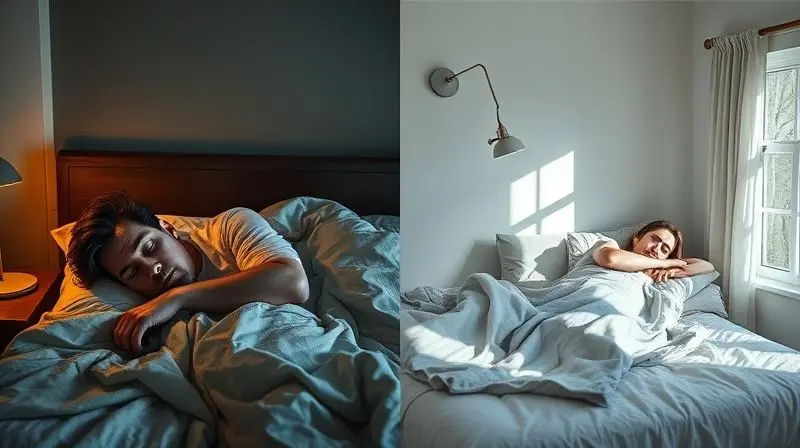 Comparativo mostrando uma pessoa dormindo mal no calor e profundamente em um quarto com temperatura controlada e agradável.