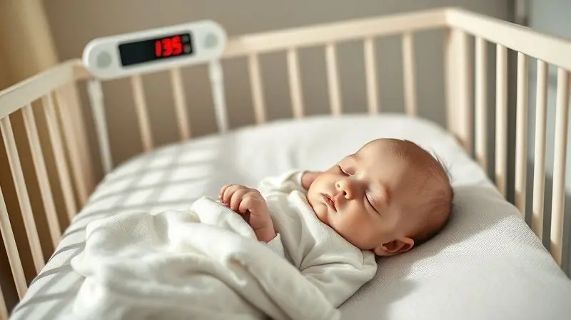 Bebê recém-nascido dormindo de forma tranquila e segura em seu berço, em um quarto com a temperatura ideal para o seu conforto.
