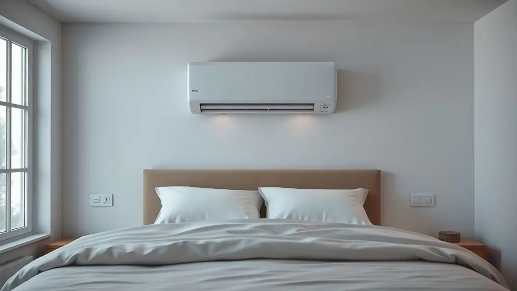 Quarto moderno com ar-condicionado branco na parede sobre uma cama confortável, ilustrando a temperatura ideal para uma boa noite de sono.
