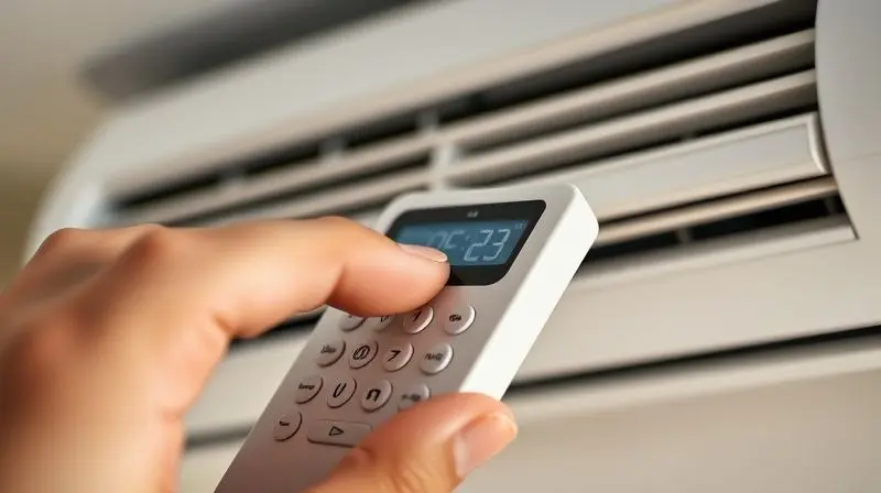 Mão segurando um controle remoto e ajustando a temperatura ideal do ar-condicionado para 23 graus Celsius, para otimizar o resfriamento.