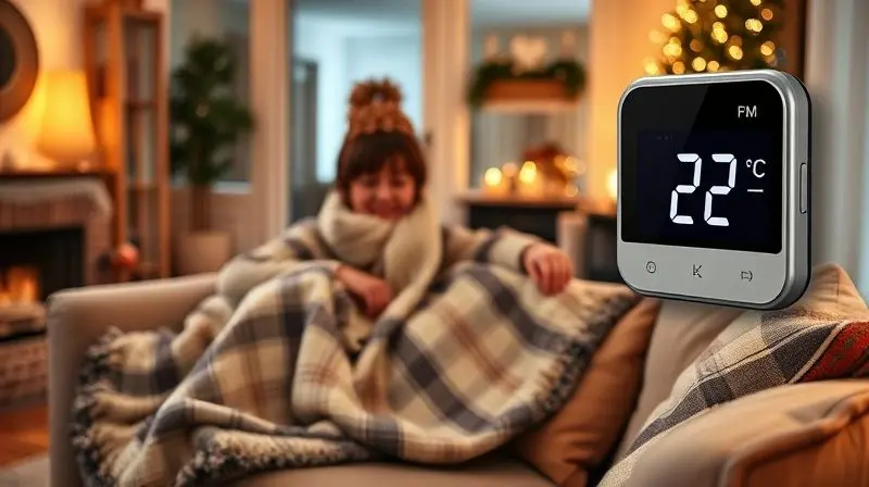 Ambiente de sala de estar aconchegante e aquecido, com um termômetro de parede digital mostrando a temperatura ideal de 23 graus Celsius.