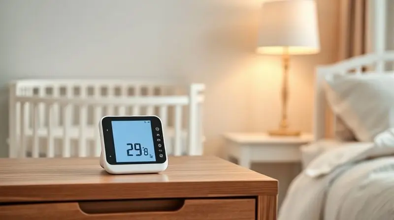 Termômetro digital moderno no quarto de um bebê, enfatizando a importância de manter a temperatura ideal para um sono seguro e confortável.