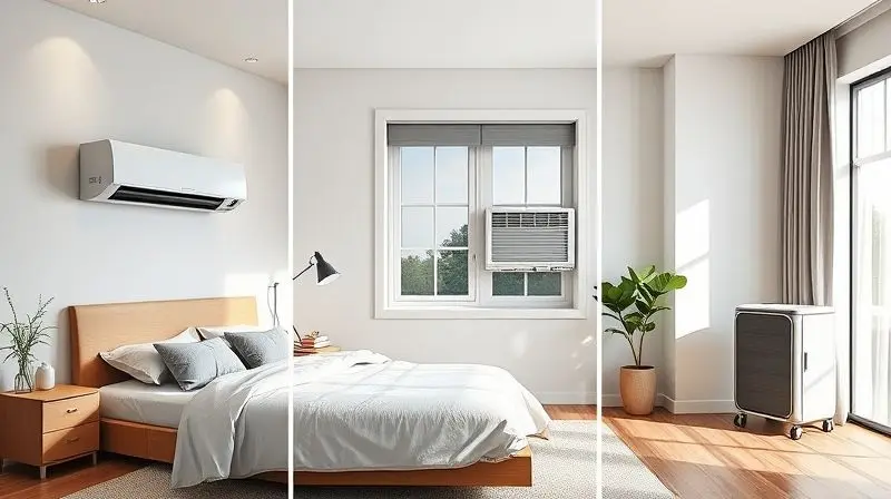 Comparativo visual mostrando os três principais tipos de ar-condicionado: split, de janela e portátil, cada um em um ambiente de quarto.