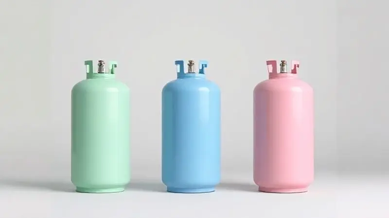 Três tipos de cilindros de gás refrigerante para ar-condicionado com cores diferentes, ilustrando a variedade de fluidos usados nos aparelhos.