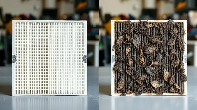 Comparativo visual entre um filtro de ar-condicionado de cabine novo e limpo e um filtro velho e sujo, mostrando a necessidade da troca.