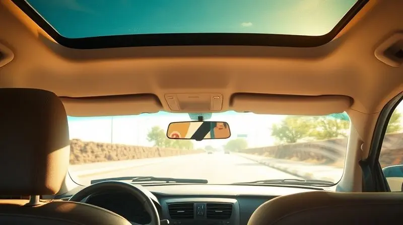 Visão do interior de um carro fresco com o ar-condicionado ligado, contrastando com a estrada quente e ensolarada vista pelo para-brisa.