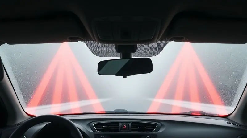 Ilustração do fluxo de ar quente saindo das saídas de ventilação do painel e desembaçando o para-brisa de um carro.