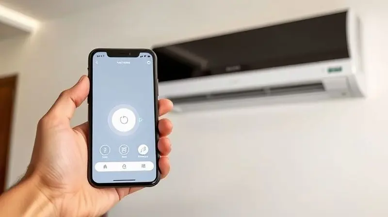 Pessoa usando um aplicativo de controle remoto universal em um smartphone para controlar as funções de um ar-condicionado split.