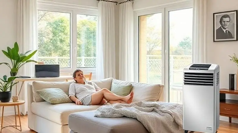 Homem relaxando confortavelmente em uma sala de estar climatizada, aproveitando o conforto proporcionado pelo ar-condicionado portátil.