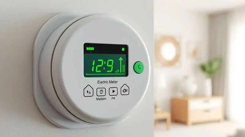 Medidor de energia digital mostrando uma seta verde para baixo, simbolizando a economia proporcionada pelas vantagens do ar-condicionado inverter.