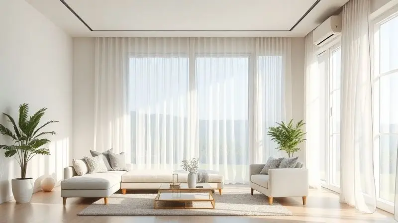 Sala de estar com ambiente fresco e tranquilo, representando as vantagens e o conforto proporcionado por um ar-condicionado Midea.