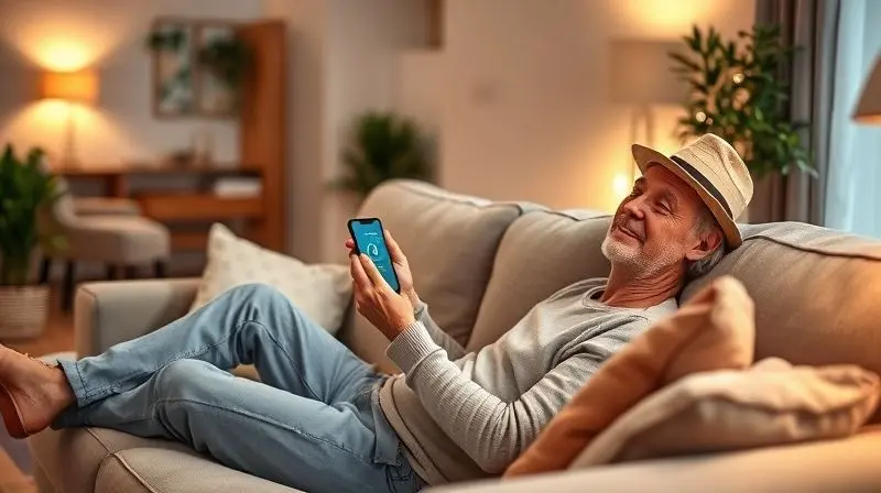 Pessoa relaxando confortavelmente no sofá enquanto ajusta a temperatura do ar-condicionado pelo celular, demonstrando a conveniência.