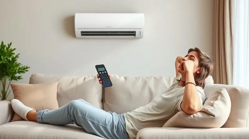Pessoa sentada confortavelmente em um sofá, utilizando um controle remoto universal para ligar o ar-condicionado, demonstrando a vantagem da conveniência.