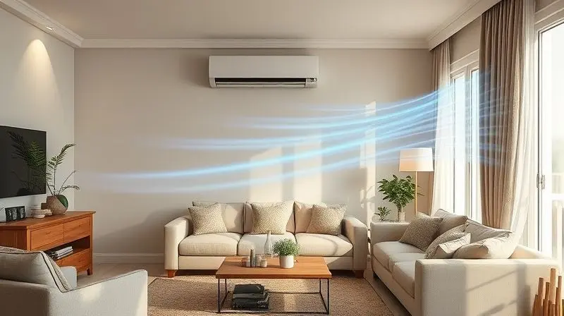 Sala de estar confortável e fresca com um ar-condicionado em funcionamento, mostrando as vantagens e o bem-estar de usar um aparelho Agratto.