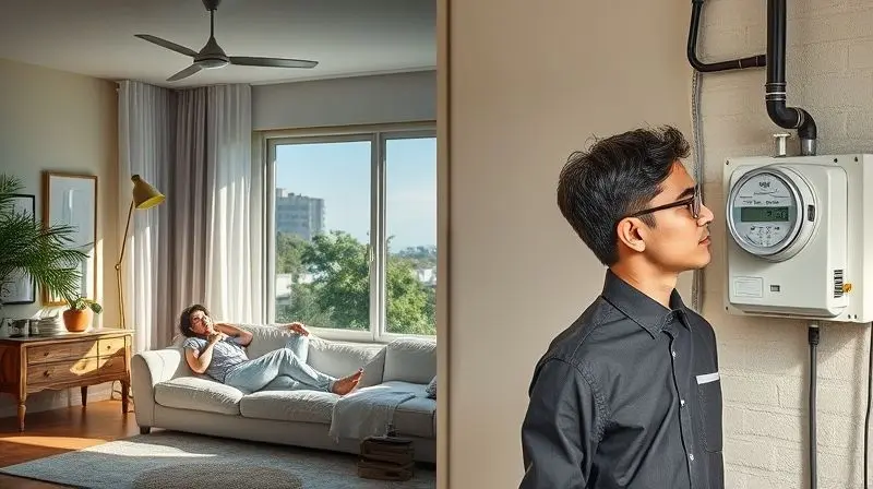 Imagem conceitual dividida mostrando as vantagens, como conforto, e desvantagens, como o custo da energia, de um ar-condicionado.