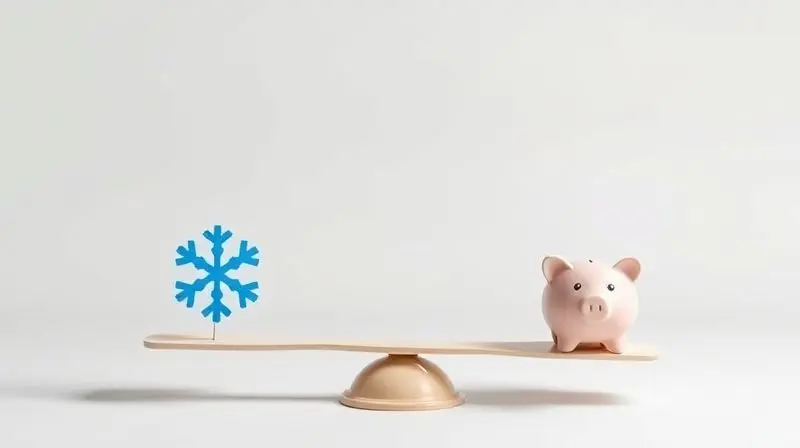 Balança equilibrando um ícone de floco de neve e um cofrinho, simbolizando as vantagens e desvantagens de um ar condicionado.