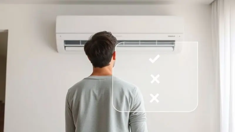 Pessoa analisando um checklist com ícones de prós e contras na frente de um ar condicionado, representando as vantagens e desvantagens da marca Conforterm.