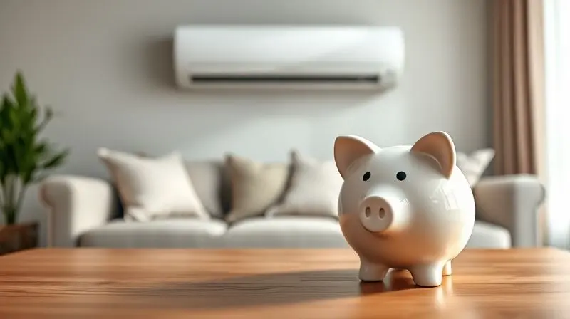 Um cofrinho em forma de porco sobre uma mesa, simbolizando a economia financeira ao se investir em um ar-condicionado de baixo consumo de energia.