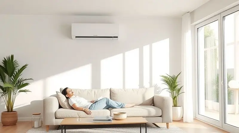 Pessoa relaxando confortavelmente em uma sala de estar moderna e bem climatizada, mostrando a vantagem de escolher a potência de BTUs correta.