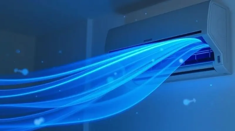 Ilustração das tecnologias de um ar-condicionado Electrolux, com setas azuis simbolizando o fluxo de ar puro e ícones de funções smart.