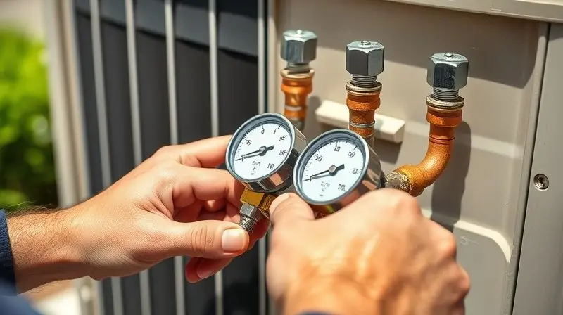 Mãos de um técnico especializado usando manômetros para verificar o vazamento de gás refrigerante na unidade externa do ar-condicionado.