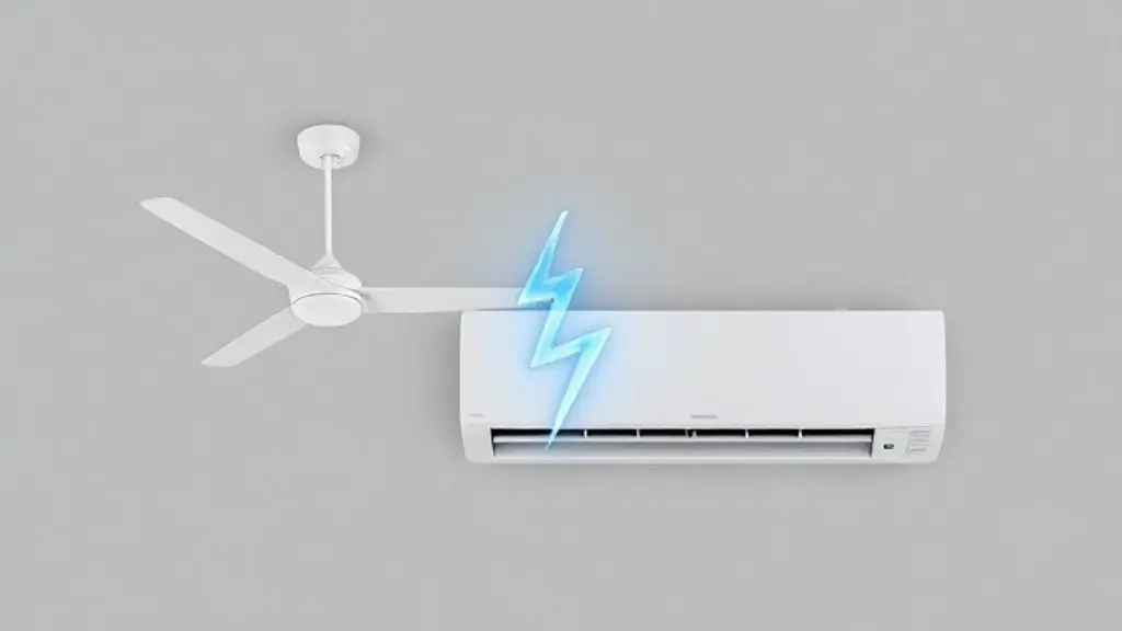 Um ventilador de teto e um ar-condicionado lado a lado em fundo neutro, comparando o consumo de energia de cada aparelho para economizar na conta de luz.