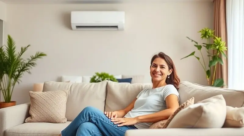 Pessoa relaxada em um sofá em ambiente climatizado, sorrindo, representando a satisfação de comprar um ar condicionado Conforterm após a análise completa.